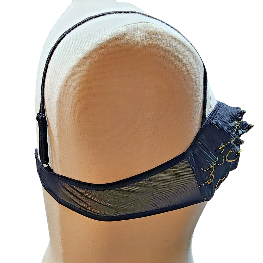 DreamGirl Bra XL Black Sheer Lingerie Metallic Gold Hearts Ruffle Trim Bow Sexy - Picture 5 of 10